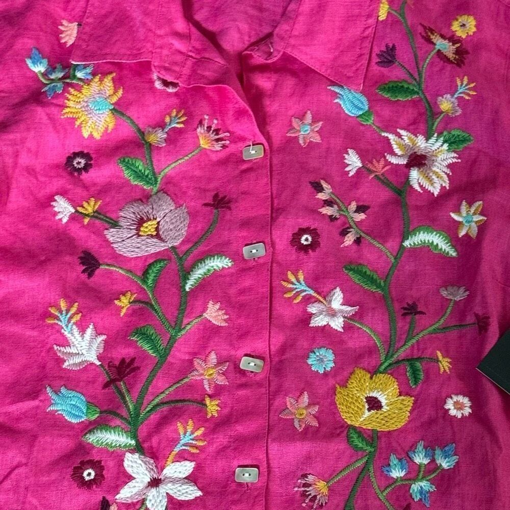 John Mark Embroidered Floral Linen Shirt 3/4 Sleeve Pink Multi Spring Summer New - Picture 8 of 12
